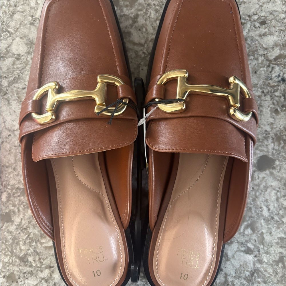 Brown Leather Slip-On Loafers with Gold Bit Detail